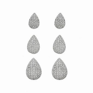 Trio  De Brincos Gotas Cravejadas - Banhado no Ródio Branco