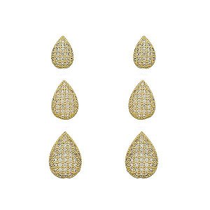 Trio  De Brincos Gotas Cravejadas- Banhado no Ouro18k