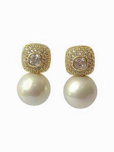 Brinco Pérola Bold Cravejada- Banhado Em Ouro18k