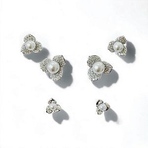 Trio  De Brincos Flor Pérola - Banhado no Ródio Branco