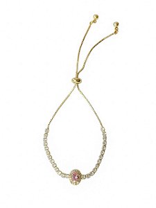 Pulseira Ajustável Opala Rosa Cravejada  Elisa- Banhado Em Ouro18k