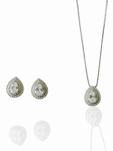 Conjunto Gota Cristal Isotta- Banhando Em Ródio Branco