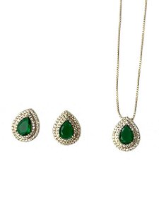 Conjunto  Gota Isotta Verde Esmeralda- Banhando Em Ouro18k