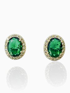 Brinco Oval Verde Esmeralda Cravejado Stella- Banhado Em Ouro18k