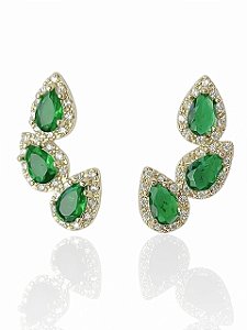Brinco Ear Cuff Verde Esmeralda Cravejado Caterina - Banhado Em Ouro18k