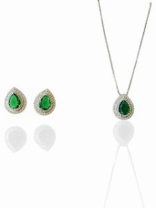 Conjunto Gota Verde Esmeralda Isotta- Banhando Em Ródio Branco
