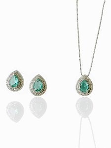Conjunto Gota Isotta Verde Turmalina- Banhando Em Ródio Branco