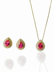 Conjunto Gota Rosa Pink Isotta- Banhando Em Ouro18k