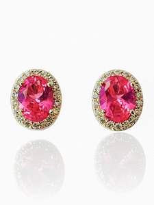 Brinco Oval Rosa Pink Cravejado Stella- Banhado Em Ouro18k