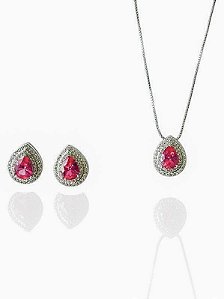 Conjunto Gota Rosa Pink  Isotta- Banhando Em Ródio Branco