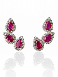 Brinco Ear Cuff Rosa Pink Cravejado Caterina - Banhado Em Ródio Branco