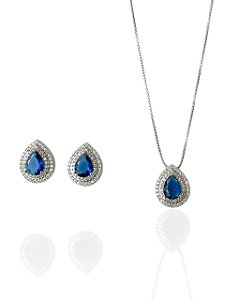 Conjunto Gota Azul Safira Isotta- Banhando Em Ródio Branco