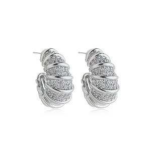 Brinco Argola Croissant Cravejada- Banhado no Ródio Branco
