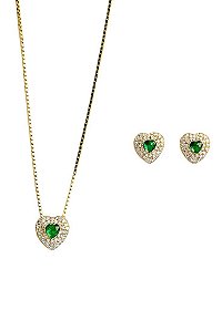 Conjunto Coração Verde Esmeralda Cravejado Lyra - Banhado Á Ouro18k