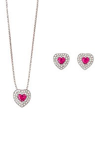 Conjunto Coração Rosa Pink Cravejado Lyra - Banhado Á Ródio Branco