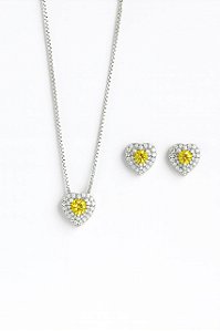 Conjunto Coração Citrino Cravejado Lyra - Banhado Á Ródio Branco