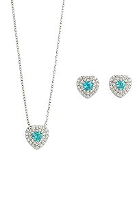 Conjunto Coração Verde Acquá Cravejado Lyra - Banhado Á Ródio Branco