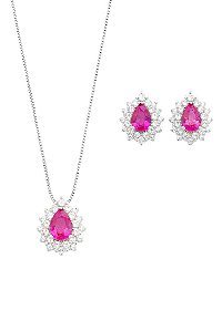 Conjunto Gota Rosa Pink Elissa - Banhado Em Ródio Branco