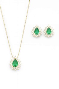 Conjunto Gota Verde Esmeralda Elissa - Banhado no Ouro18k