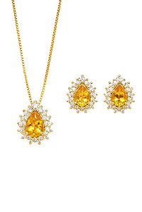 Conjunto Gota Citrino Elissa - Banhado no Ouro18k
