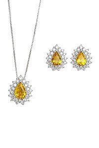 Conjunto Gota Citrino Elissa - Banhado em Ródio Branco