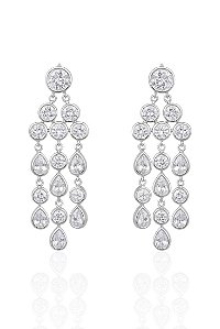 Brinco Cascatas Longo Com Cristais- Banhado Em Ródio Branco