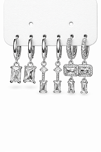 Trio de Brincos Argolinhas Com Pingente - Banhado Em Ródio Branco