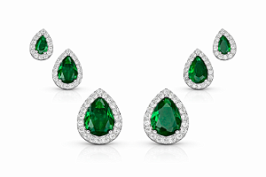 Trio de Brincos Gota Verde Esmeralda - Banhado no Ródio Branco