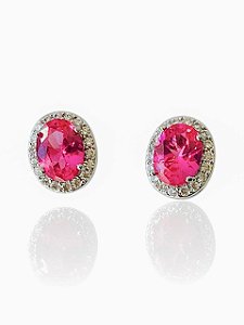 Brinco Oval Rosa Pink Cravejado Stella- Banhado Em Ouro18k