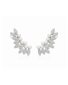 Brinco Noiva Ear Cuff Pérola Cravejado - Banhado em Ródio Branco
