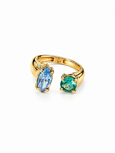 Anel Petra Pedra Azul e Verde Turmalina - Banhado Em Ouro18k