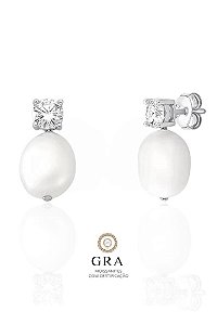 Brinco Noiva Pérola Aguá Doce e Moissanite - 5MM | 1ct - Em Prata925 + Banhado Ouro Branco