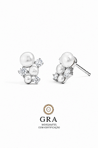 Brinco Noiva Cuff Pérola Natural Moissanite - Prata925 + Banho Ouro Branco