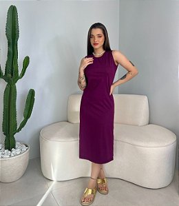 VESTIDO MIDI CAVADO LISO - BERINJELA