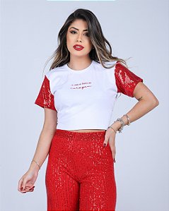 T-SHIRT A VIDA É FEITA DE CORAGEM (MANGA PAETE VERMELHO) - BRANCO