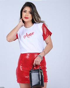 T-SHIRT AMOR (MANGA PAETE VERMELHO) - BRANCO