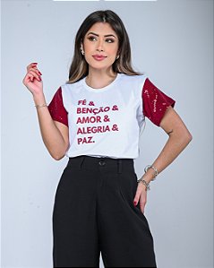 T-SHIRT FÉ & BENÇAO & AMOR (MANGA PAETE MARSALA) - BRANCO