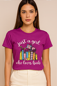 T-SHIRT JUST A GIRL LIVROS C/GLITTER - ROXO