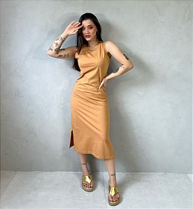 VESTIDO MIDI CAVADO LISO - DOCE DE LEITE