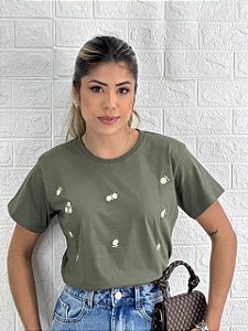 T-SHIRT MARGARIDAS (BORDADA) - VERDE KHAKI