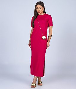 VESTIDO MAITÊ LISO DE ALGODÃO COM BOLSO - ROSA CARMIM
