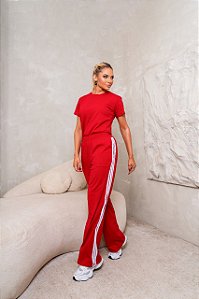CONJUNTO CALÇA E T-SHIRT LISTRAS - VERMELHO