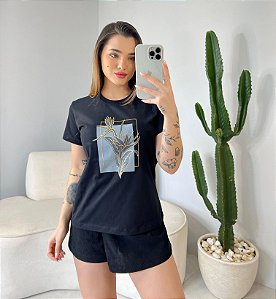 T-SHIRT FLOR C/FOIL - PRETO