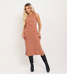VESTIDO MIDI CAVADO LISO - MOCHA MOUSSE