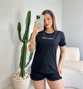 T-SHIRT MANGA DOBRADA GRATIDÃO - PRETO