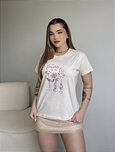 T-SHIRT I HAVE FLOWERS C/APLICAÇÃO - BEGE NATURAL