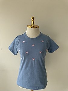 T-SHIRT BORBOLETAS (BORDADA) - AZUL DENIM
