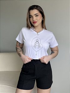 T-SHIRT TERÇO NOSSA SENHORA C/STRASS - BRANCO