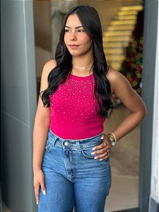 REGATA CANELADA COM STRASS - FUCSIA