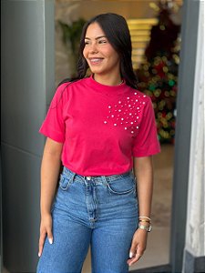 T-SHIRT GOLA ALTA PEROLAS NO OMBRO - ROSA PINK